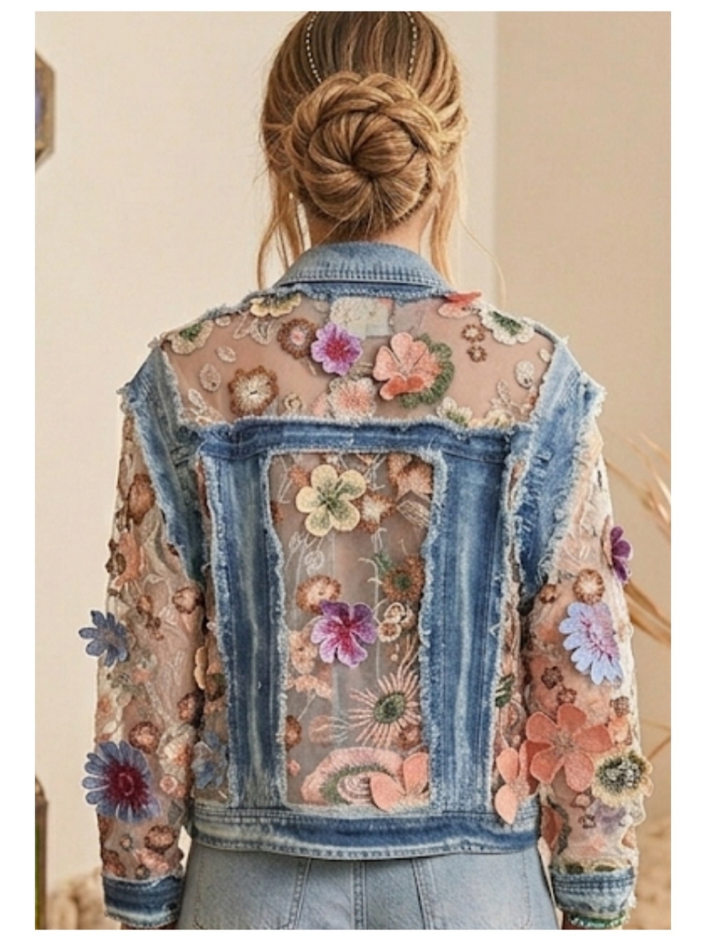 Embroidered Floral Sheer Denim Jacket - Multicolor